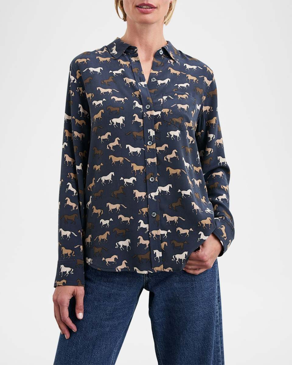 Kate Horses Button-Front Silk Shirt